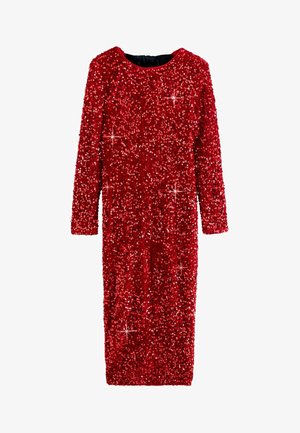 Rochie lungă cu mâneci lungi, acoperită cu paiete roșii, având un decolteu barcă, cu o siluetă ajustată și o căptușeală neagră netedă.