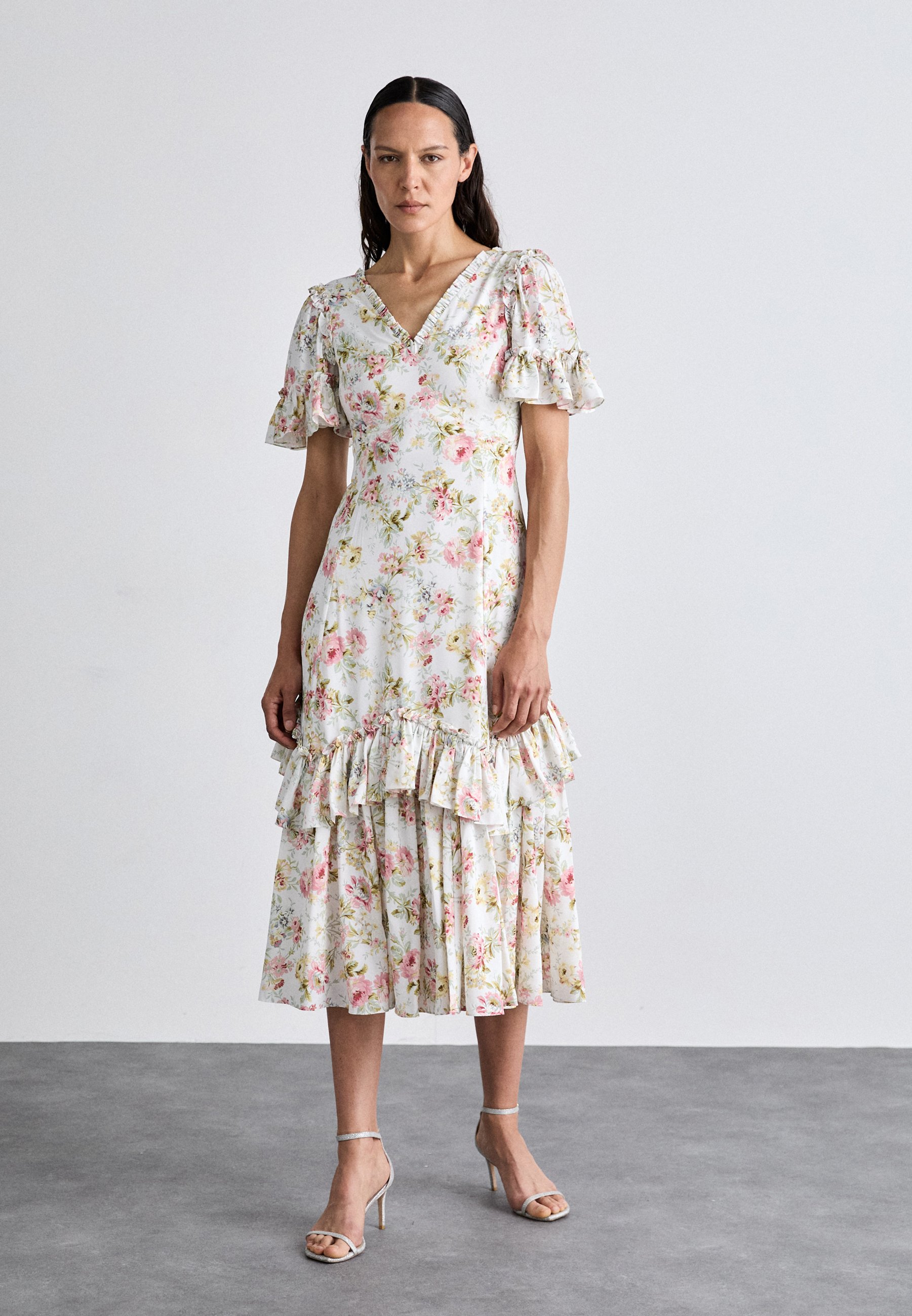 strapless open back dress Girls Tea Party Dress with Puffy Sleeves and Shimmer Layers