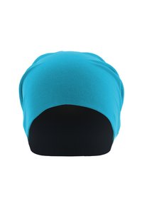 Turquoise stretch fabric headscarf with a smooth texture, rounded shape, and an open back design for comfort and ease of wear.