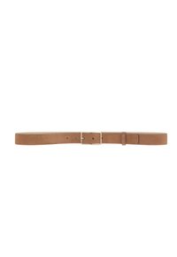 Brown suede belt with a rectangular silver-tone buckle, smooth texture, adjustable with holes, and a classic design.