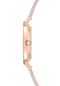 Runde Uhr mit einem Gehäuse aus roségoldenem Metall, einem grauen Zifferblatt und einem hellrosa Lederarmband. Verfügt über eine Krone an der Seite zur Einstellung.