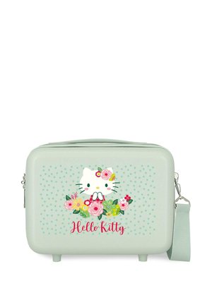 Bolso rectangular de color verde claro con la cara de Hello Kitty, decoraciones florales, lunares y una correa de hombro desmontable.