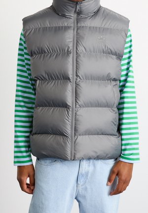Chaleco gris acolchado con cuello alto y cierre frontal, con un logo en el pecho. Lleva puesto un camisa de manga larga a rayas verde y blanca.