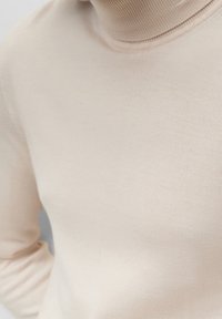 Beige Rollkragenpullover mit geripptem Kragen und langen Ärmeln, aus einem weichen Stoff mit glatter Textur und figurbetontem Design.