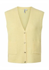 Žuta rebrasta prsluk s dekolteom u obliku slova V, s dva prednja džepa i dekorativnim srebrnim dugmadima u obliku mašne duž središnje linije. Mekana tekstura.