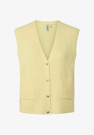 Keltainen ribattu liivi, jossa on V-pääntie, kahdella etutaskulla ja koristeelliset hopeiset nauhaketjun napit keskellä. Pehmeä rakenne.