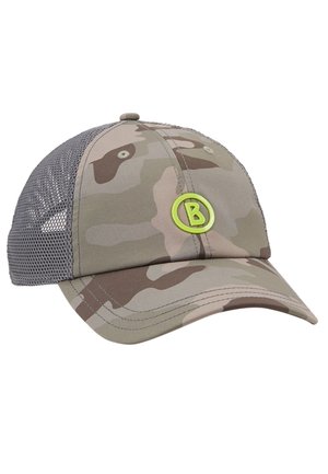 Beżowa i brązowa czapka z daszkiem w kamuflażu, z szarym tyłem z siateczki oraz małym neonowożółtym okrągłym logo z literą "B" na przodzie.