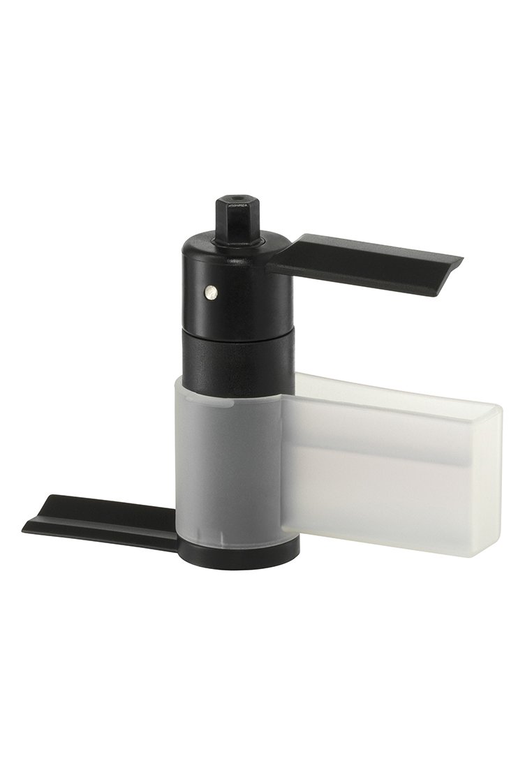 Schwarzer und grauer, kompakter Kunststoffzwingen mit zwei verstellbaren flachen Armen, die in entgegengesetzte Richtungen ausgezogen werden, verwendet zum Halten oder Sichern von Objekten.