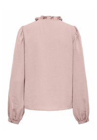 Blusa a maniche lunghe in tessuto testurizzato rosa chiaro, con scollatura a volant e maniche puff arricciate, dotata di polsini con bottoni.