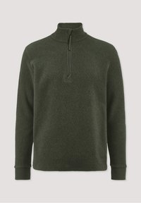 Dunkelgrüner Fleece-Pullover mit hohem Kragen und kurzem Reißverschluss. Verfügt über lange Ärmel und gerippte Bündchen für zusätzliche Wärme. Weiche Textur.