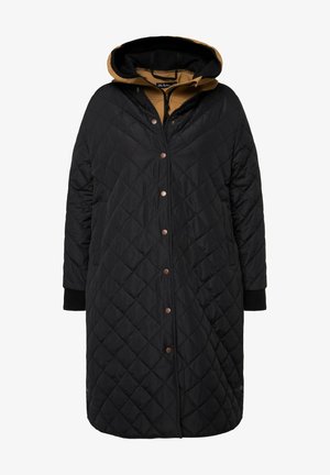Sort quiltet lang frakke med en tanfarvet hætte, trykknaplukning, sidelommer og ribbede manchetter. Glat tekstur med polstret design.