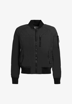 Černá bomber bunda s žebrovaným límcem, manžetami a lemem, předním zipem, dvěma kapsami na druky a kapsami na zip na hrudi a rukávu.