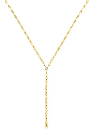 Gouden ketting met een schakeldesign, met langwerpige ovale schakels en een Y-vormige hanger. Gladde textuur, glanzende afwerking.