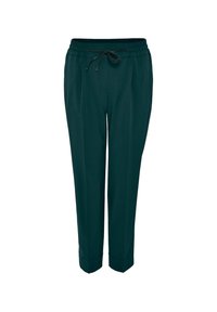 Pantalones oscuros de color verde, ajustados en la parte inferior, con una cintura elástica, detalle de cordón y textura lisa. Presentan pliegues frontales y dobladillos con puños para un aspecto refinado.