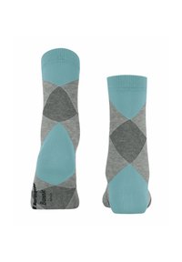 Chaussettes en argyle gris et bleu clair avec un tricot texturé, un contraste au niveau des orteils et du talon, et des poignets côtelés.