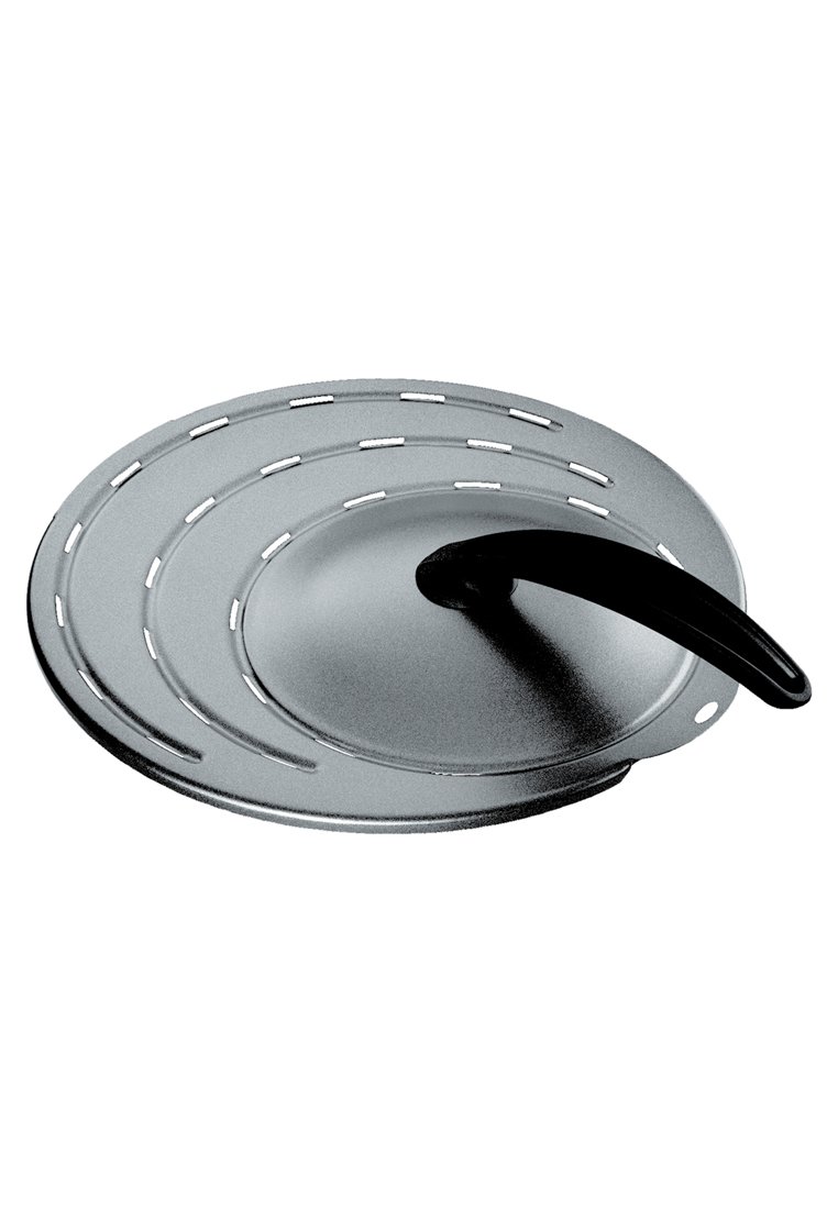 Okrągła metalowa pokrywa z czarnym uchwytem, z spiralnym wycięciem i gładką srebrną powierzchnią. Zaprojektowana do naczyń kuchennych.