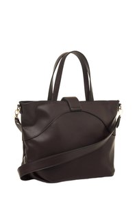 Borsa a spalla in pelle marrone caratterizzata da doppie maniglie superiori, una tracolla removibile e una superficie liscia con accenti in rilievo a forma di onda.