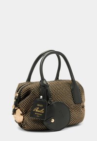 Sac à main noir et doré clouté avec double poignée, pochette ronde attachée, et une étiquette libellée « Liu Jo Amelie Re-Edition 2013 ».