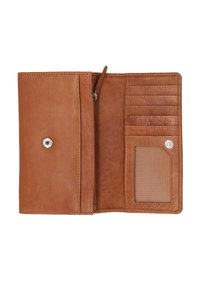Brązowy skórzany portfel, wyposażony w zapięcie na zatrzask, wiele przegródek na karty oraz siateczkową kieszonkę na dowód tożsamości. Teksturowana powierzchnia z gładkim wykończeniem wnętrza.