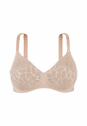 Soutien-gorge beige clair avec un motif de feuilles, doté de bonnets lisses, de bretelles ajustables et d'une fermeture à agrafes. Fabriqué en dentelle douce.