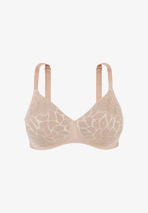 Soutien-gorge beige clair avec un motif de feuilles, doté de bonnets lisses, de bretelles ajustables et d'une fermeture à agrafes. Fabriqué en dentelle douce.