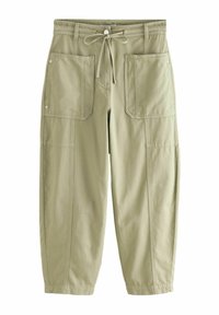 Pantaloni cargo color khaki con vita regolabile tramite cordoncino, due grandi tasche frontali e polsini elasticizzati. Realizzati in tessuto leggero con una superficie liscia.