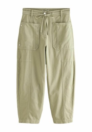 Khaki cargo pants with a drawstring waist, two large front pockets, and elastic cuffs. Made from lightweight fabric with a smooth texture.