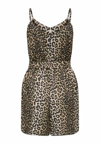 Combinaison sans manches imprimée léopard avec fines bretelles ajustables et ceinture assortie à la taille, avec un décolleté en V et un short ample.