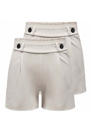 Zwei Paar beige Shorts mit hoher Taille, elastischem Rücken und schwarzen Knöpfen am vorderen Bund, übereinander gestapelt, wobei eines leicht hinter dem anderen liegt.
