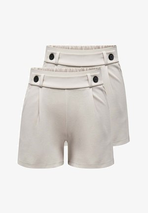 Zwei Paar beige Shorts mit hoher Taille, elastischem Rücken und schwarzen Knöpfen am vorderen Bund, übereinander gestapelt, wobei eines leicht hinter dem anderen liegt.