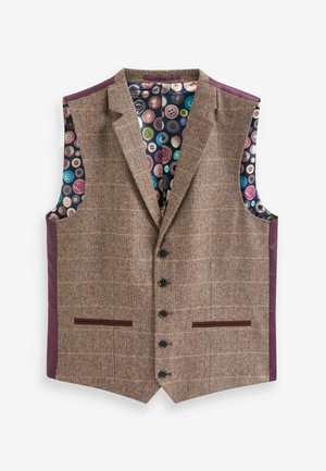 Gilet marrone con motivo a spina di pesce, bottoni scuri, tasche con bordatura marrone scuro, pannelli laterali viola e fodera interna colorata con motivo a bottoni.