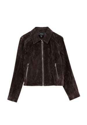 Donkerbruine suède jas met volledige ritssluiting aan de voorkant, twee met rits afsluitbare zijzakken, lange mouwen en een puntige kraag.