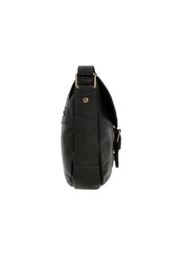 Schwarze Lederhandtasche mit strukturierter Form, ausgestattet mit Messingbeschlägen, einem dicken Riemen und einer glatten Textur. Enthält eine seitliche Reißverschlusstasche.