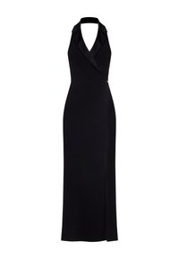 Schwarzes Halsbandkleid mit taillierter Passform, tiefem V-Ausschnitt und seitlichem Schlitz, aus glattem, leichtem Stoff. Verfügt über einen Satinkleidkragen.