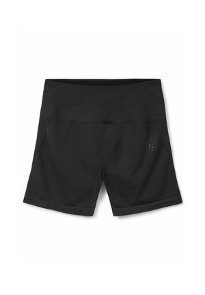 Zwarte sportshorts met een gladde textuur, elastische tailleband en zijkantpaneel details. Beschikt over een klein logo aan de voorkant.