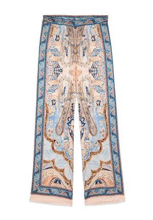 Pantaloni a gamba larga con motivi intricati simmetrici paisley e floreali in tonalità di blu, beige e marrone su uno sfondo chiaro.