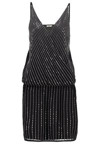 Mini-robe noire sans manches avec des rayures diagonales et verticales en sequins argentés, corsage portefeuille à col en V et taille élastique.
