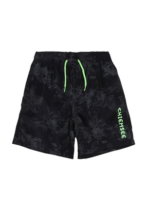 Shorts de bain noirs avec un motif floral tonal, taille élastique et cordon de serrage vert. Présente un texte logo vert sur le côté gauche.