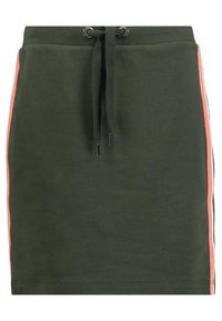 Jupe de sport verte avec un taille élastique à cordon, dotée de rayures latérales roses et d'un tissu doux et texturé. Conçue pour le confort et un usage décontracté.