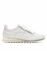 White leather sneaker with a transparent air-cushioned sole, perforated detailing, and flat laces. Features a minimalist design.