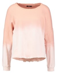 Lichtroze sweatshirt met lange mouwen en een ombre-effect dat overgaat in wit. Heeft een onafgewerkte zoom en een brede, ronde halslijn. Zachte textuur.