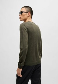 Olivgrüner Strickpulli mit langen Ärmeln, rundem Ausschnitt, gerippten Bündchen und Saum, getragen mit schwarzen Sonnenbrillen, Modell von hinten gesehen.