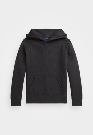 Sudadera con capucha de color gris oscuro, fabricada en tejido de mezcla de algodón. Cuenta con un bolsillo tipo canguro y un pequeño logotipo verde en el pecho.