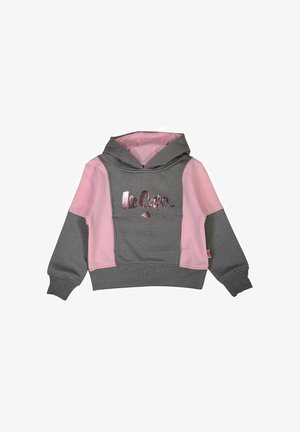 Sweat à capuche gris et rose avec un logo métallique "Le Cooper", des poignets côtelés et des panneaux de tissu texturés sur les manches.