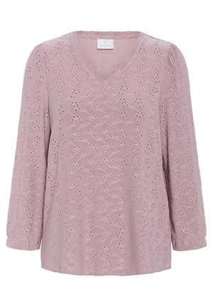 Blusa a maniche lunghe con scollo a V in rosa chiaro, caratterizzata da un intricato motivo ad occhiello, texture leggera e maniche arricciate ai polsi.
