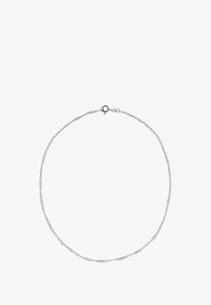 Srebrny naszyjnik łańcuszkowy z delikatnym wzorem ogniw, gładką fakturą i zapięciem na karabińczyk zapewniającym bezpieczne zamknięcie.