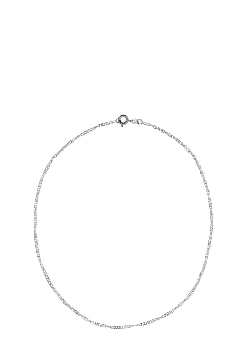 Sølv kædedesign med delikate led, en glat overflade og en karabinlås for sikker lukning.