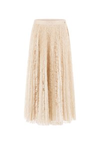 Jupe midi plissée en dentelle beige clair, avec une surface texturée et une taille ajustée. Tissu doux et délicat avec une silhouette fluide.