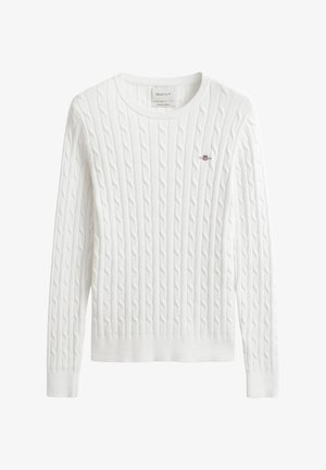 Weißer Strickpullover mit Rundhalsausschnitt, gerippten Bündchen und Saum, mit einem kleinen gestickten Logo auf der linken Brust.