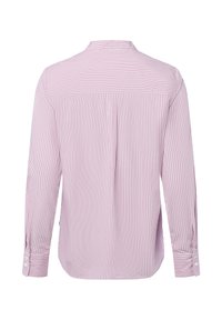 Men's long-sleeve shirt with pink and white vertical stripes, buttoned cuffs, and a rear yoke with horizontal stripes.